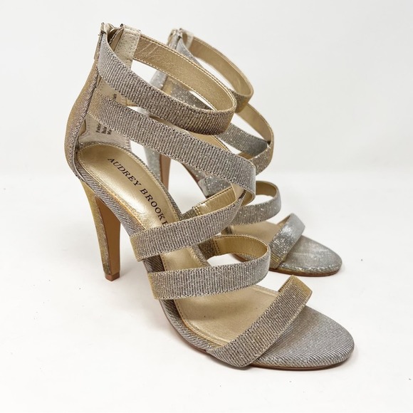 Audrey Brooke Shoes - Audrey Brooke Gold Metallic Sparkly AB Shanice Wide Strappy Heels Sz 8.5